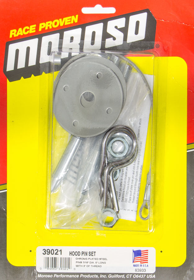 Hood Pin - Standard Duty - 0.438 in OD x 5 in Long - 2.5 in OD Scuff Plates - Hairpin Clips - Lanyards - Hardware Included - Steel - Chrome - Kit