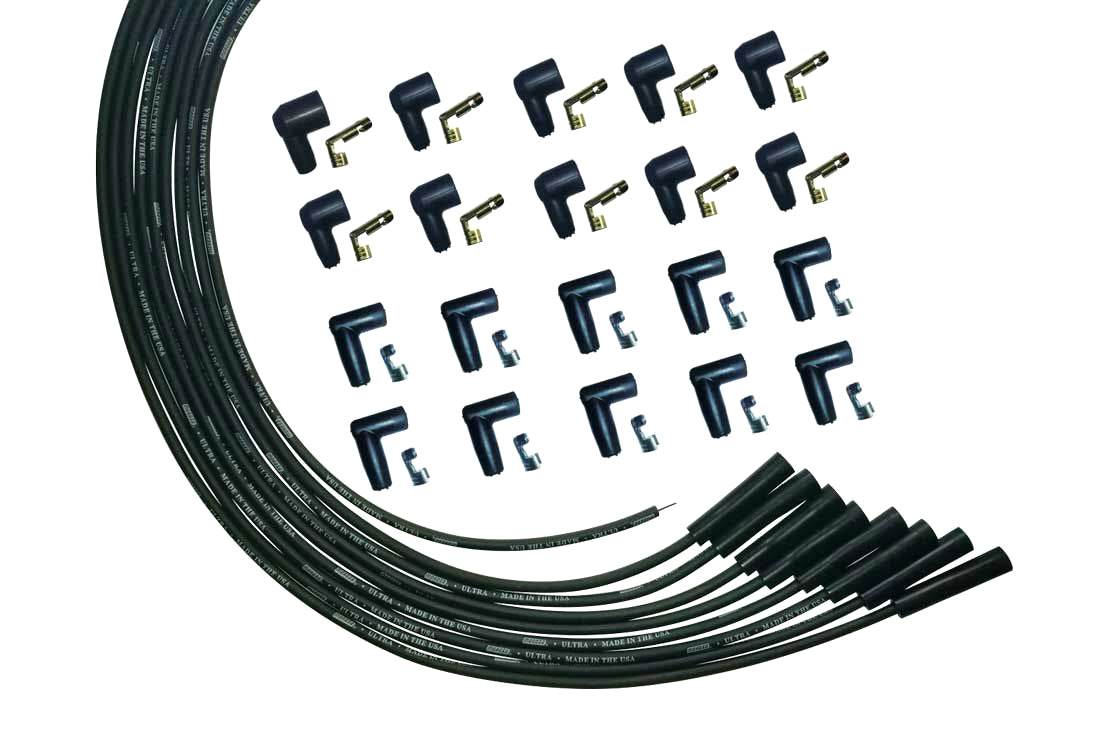 Spark Plug Wire Set - Ultra - Spiral Core - 8 mm - Black - Straight Plug Boots - HEI / Socket Style - Universal 8-Cylinder - Kit