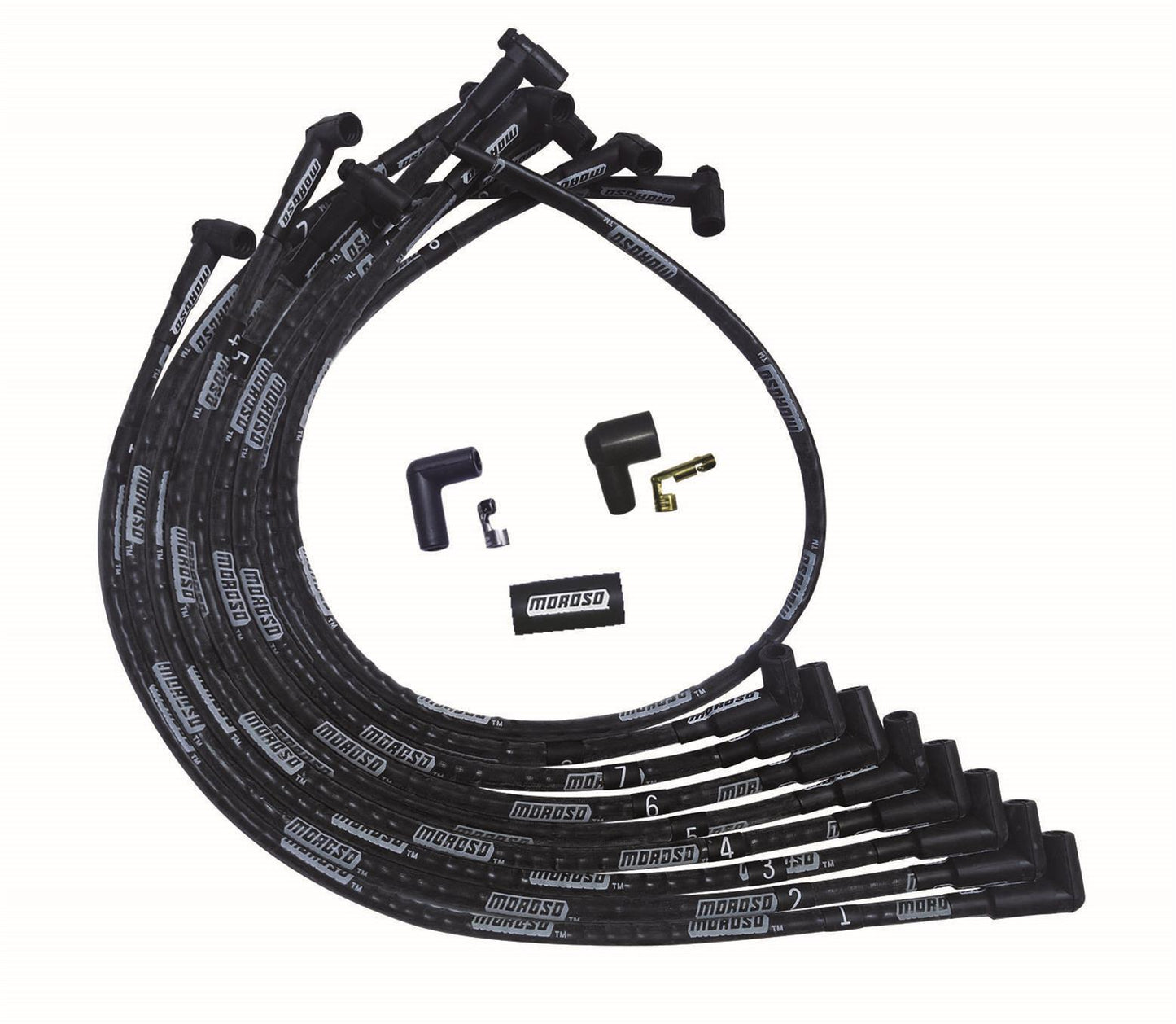 Spark Plug Wire Set - Ultra - Spiral Core - 8 mm - Sleeved - Black - 90 Degree Plug Boots - HEI Style Terminal - Over The Valve Cover - Small Block Chevy - Kit