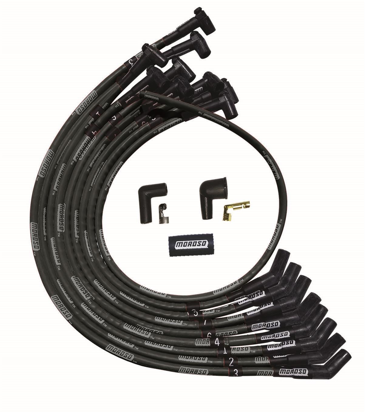 Spark Plug Wire Set - Ultra - Spiral Core - 8 mm - Sleeved - Black - 135 Degree Plug Boots - HEI Style Terminal - Over The Valve Cover - Small Block Chevy - Kit