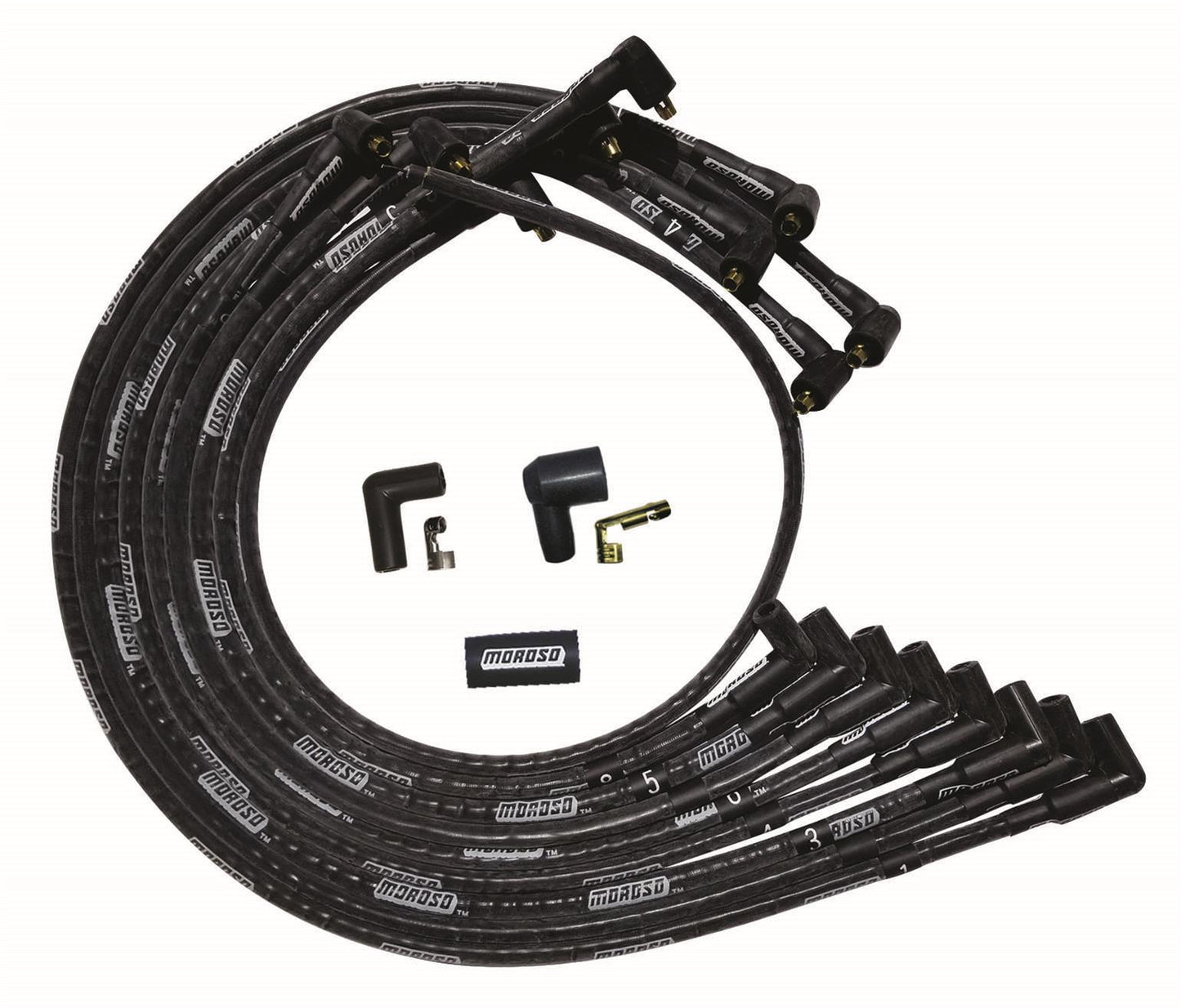 Spark Plug Wire Set - Ultra - Spiral Core - 8 mm - Sleeved - Black - 90 Degree Plug Boots - Socket Style - Under The Header - Small Block Chevy - Kit