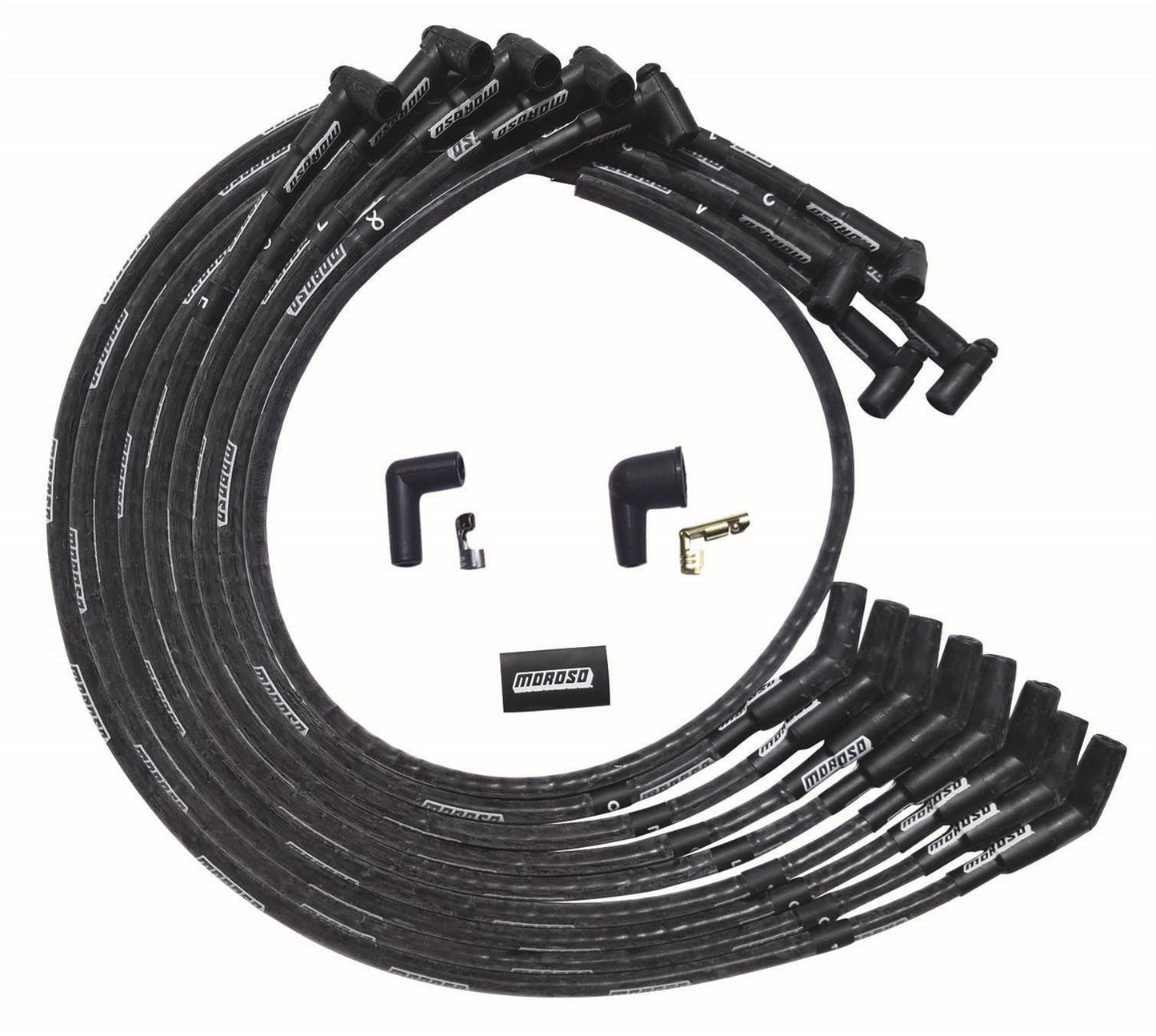 Spark Plug Wire Set - Ultra - Spiral Core - 8 mm - Sleeved - Black - 135 Degree Plug Boots - HEI Style Terminal - Under The Header - Small Block Chevy - Kit