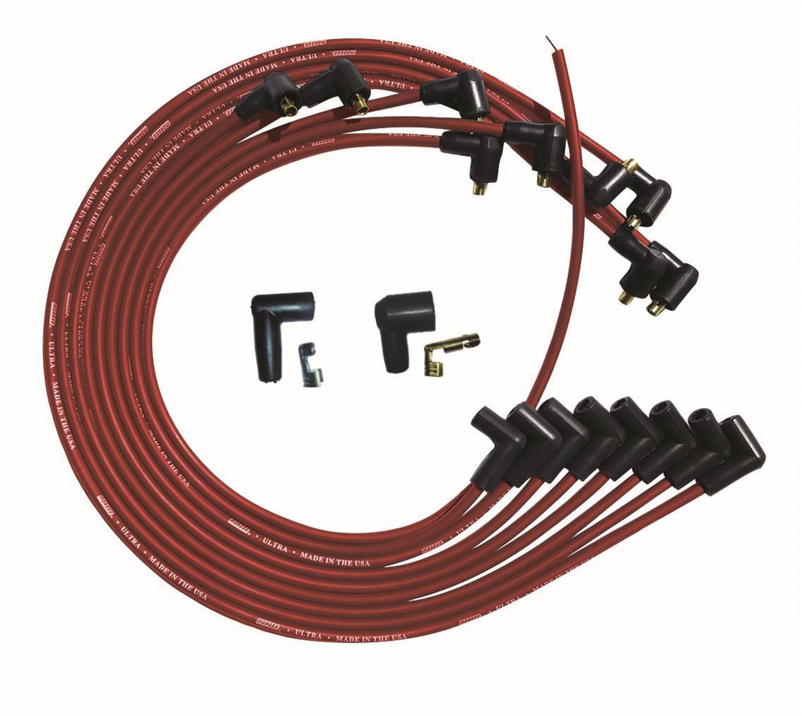 Spark Plug Wire Set - Ultra - Spiral Core - 8 mm - Red - 90 Degree Plug Boots - Socket Style - Under The Header - Small Block Chevy - Kit