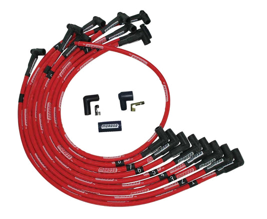 Spark Plug Wire Set - Ultra - Spiral Core - 8 mm - Sleeved - Red - 90 Degree Plug Boots - HEI Style Terminal - Over The Valve Cover - Small Block Chevy - Kit