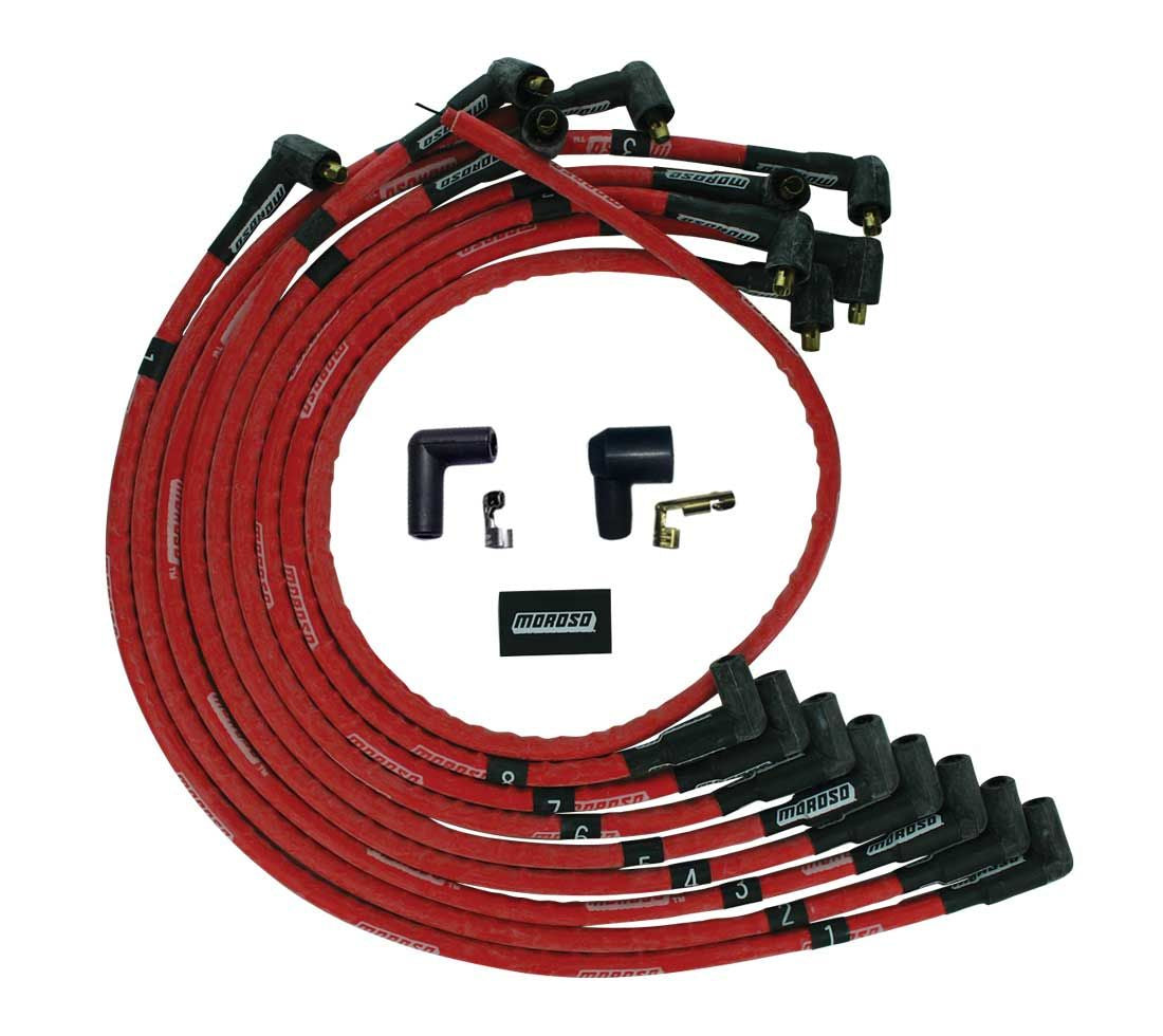 Spark Plug Wire Set - Ultra - Spiral Core - 8 mm - Sleeved - Red - 90 Degree Plug Boots - Socket Style - Over The Valve Cover - Small Block Chevy - Kit
