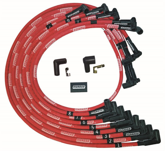 Spark Plug Wire Set - Ultra - Spiral Core - 8 mm - Sleeved - Red - 90 Degree Plug Boots - HEI Style Terminal - Under The Header - Small Block Chevy - Kit