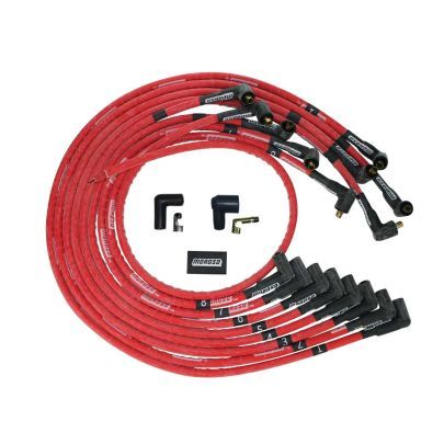Spark Plug Wire Set - Ultra - Spiral Core - 8 mm - Sleeved - Red - 90 Degree Plug Boots - Socket Style - Under The Header - Small Block Chevy - Kit