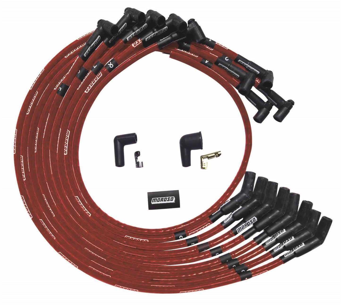 Spark Plug Wire Set - Ultra - Spiral Core - 8 mm - Sleeved - Red - 135 Degree Plug Boots - HEI Style Terminal - Under The Header - Small Block Chevy - Kit