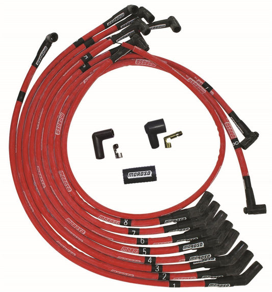 Spark Plug Wire Set - Ultra - Spiral Core - 8 mm - Sleeved - Red - 135 Degree Plug Boots - HEI Style Terminal - Small Block Ford - Kit