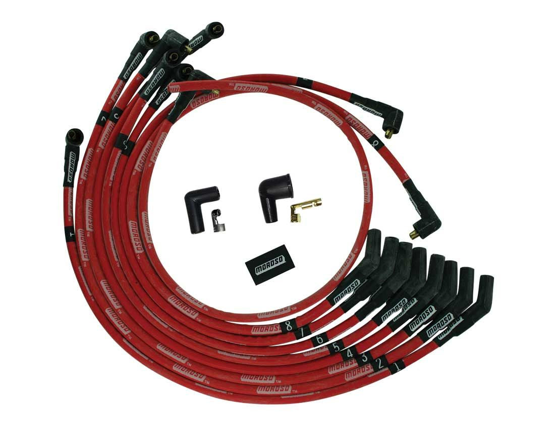Spark Plug Wire Set - Ultra - Spiral Core - 8 mm - Sleeved - Red - 135 Degree Plug Boots - Socket Style - Small Block Ford - Kit