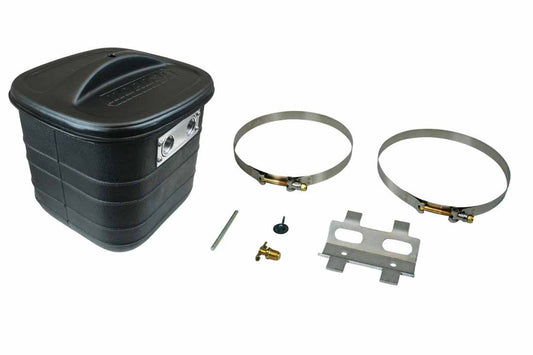 Cooling Tank - Cool Can - 7.75 x 7.75 x 8 in Tall - 8 AN Female Inlet - 8 AN Female Outlet - Aluminum / Plastic - Brushed / Black - Kit