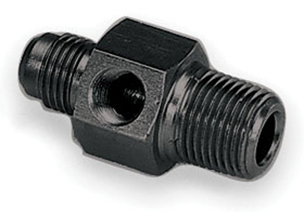 Fitting - Gauge Adapter - Straight - 3/8 in NPT Male to 6 AN Male - 1/8 in NPT Gauge Port - Aluminum - Black Anodized - Each