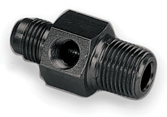 Fitting - Gauge Adapter - Straight - 3/8 in NPT Male to 6 AN Male - 1/8 in NPT Gauge Port - Aluminum - Black Anodized - Each