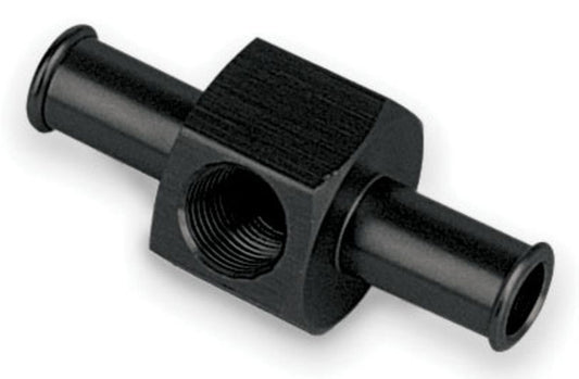 Fitting - Gauge Adapter - Straight - 3/8 in Hose Barb to 3/8 in Hose Barb - 1/8 in NPT Gauge Port - Aluminum - Black Anodized - Each