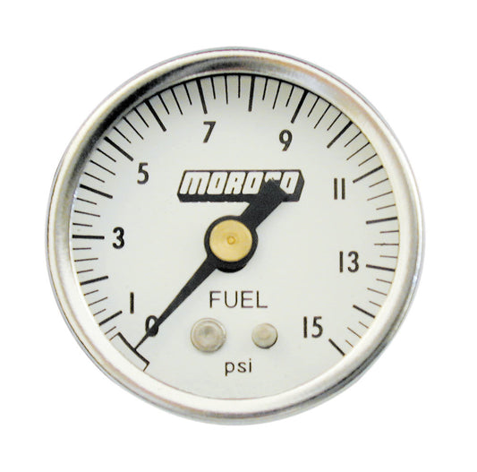 Fuel Pressure Gauge - 0-15 psi - Mechanical - Analog - Full Sweep - 1-1/2 in Diameter - 1/8 in NPT Port - White Face - Each