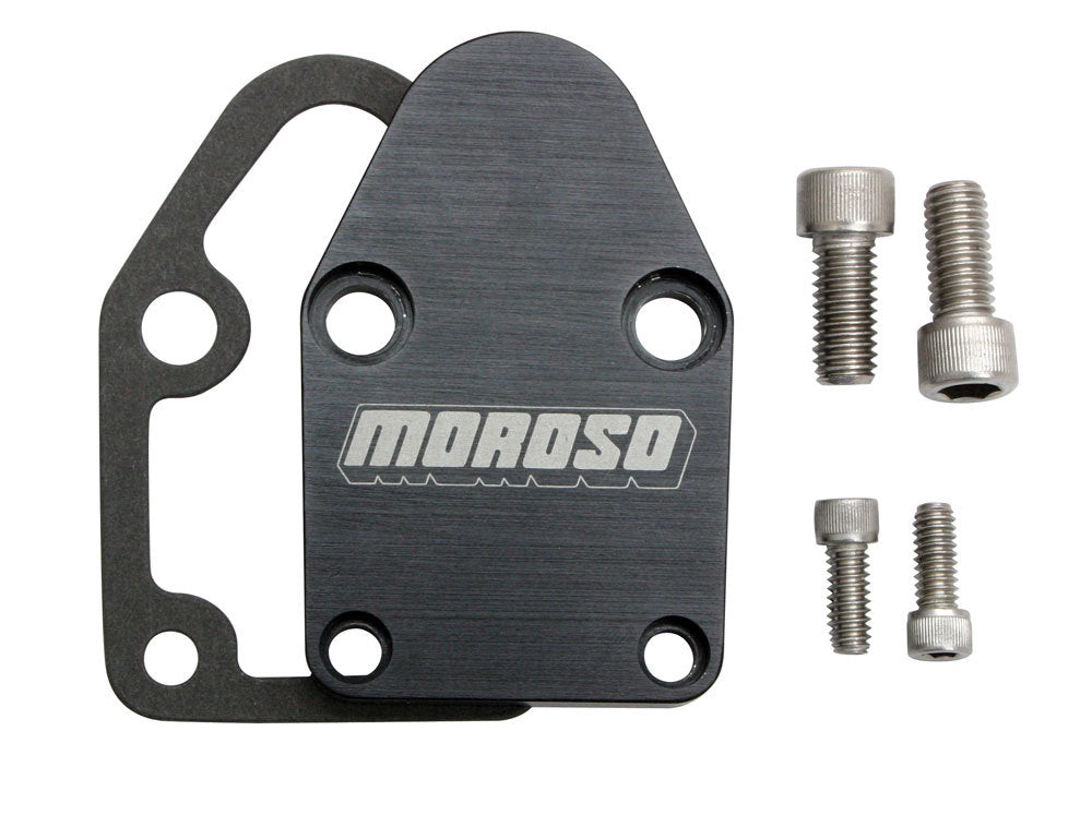 Fuel Pump Blockoff - Stainless Allen Head Screws - Gasket - Billet Aluminum - Black Anodized - Small Block Chevy - Each