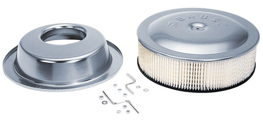 Air Cleaner Assembly - 14 in Round - 4.75 in Tall - 5-1/8 in Carb Flange - Raised Base - Offset - Aluminum - Clear Powder Coat - Kit