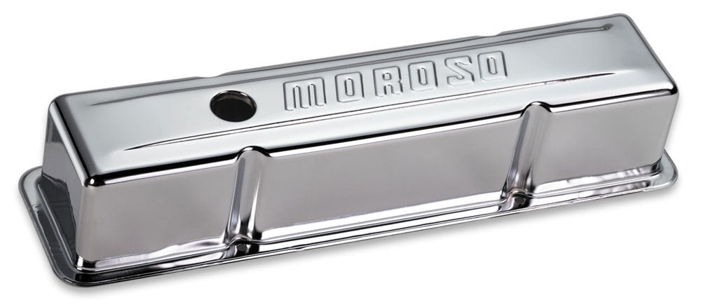 Valve Cover - Stock Height - Without Baffles - Moroso Logo - Steel - Chrome - Small Block Chevy - Pair