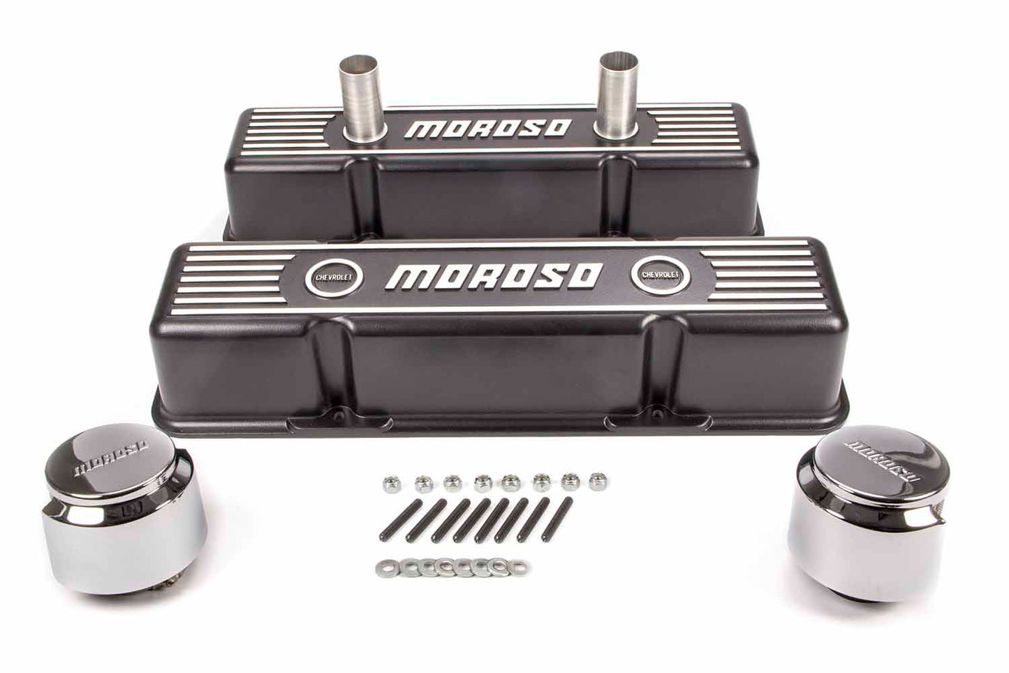 Valve Cover - Tall - Breather Tubes - Breathers / Hardware Included - Moroso Logo - Aluminum - Black Epoxy - Small Block Chevy - Pair