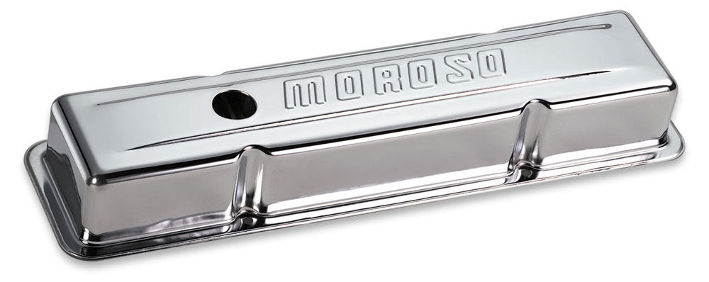 Valve Cover - Stock Height - Baffled - Moroso Logo - Steel - Chrome - Small Block Chevy - Pair