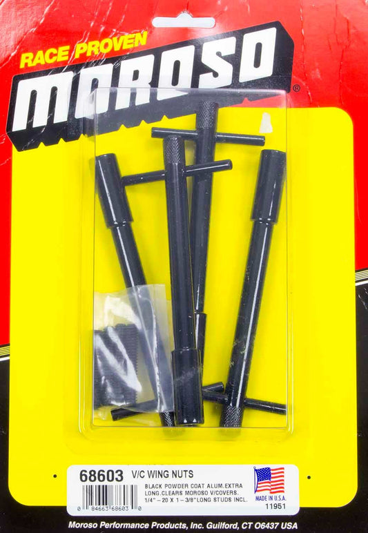 Valve Cover Fastener - Stud - 1/4-20 in Thread - 1.375 in Long - Wing Nuts - 5 in Long - Aluminum - Black Powder Coat - Set of 4