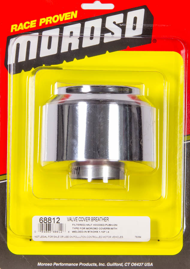 Breather - Clamp-On - Round - 1-1/2 in OD Tube - Reusable - Half Shielded - Moroso Logo - Steel - Chrome - Each