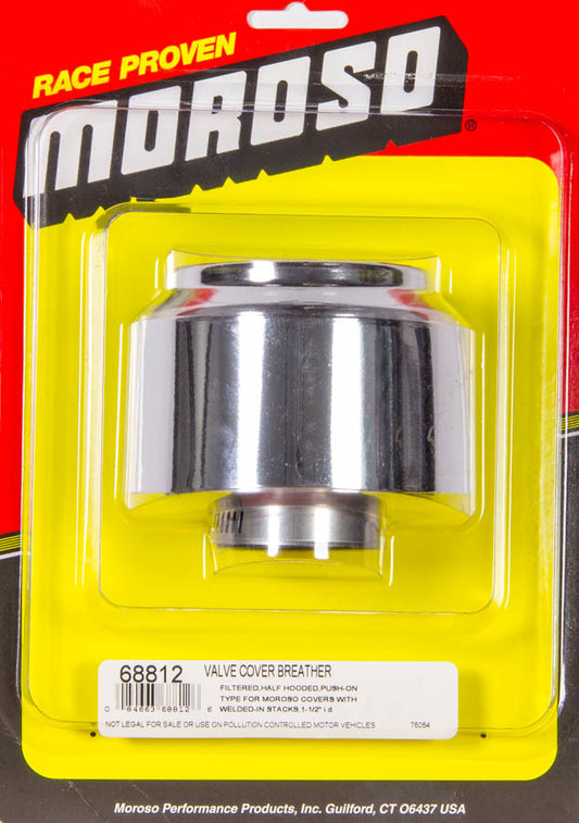 Breather - Clamp-On - Round - 1-1/2 in OD Tube - Reusable - Half Shielded - Moroso Logo - Steel - Chrome - Each