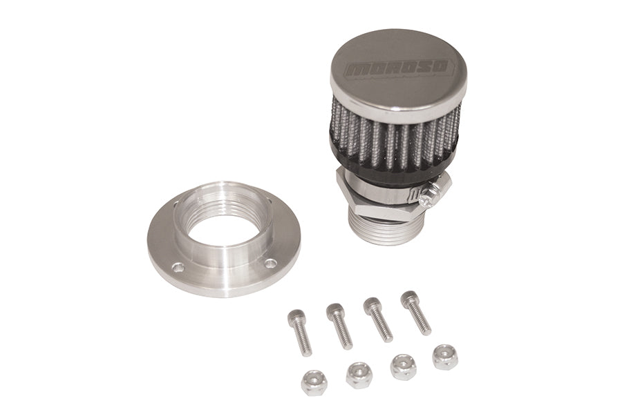 Breather - Bolt-On - Round - 1 in Threaded Bung - Clamp-On Filter - Bung / Hardware Included - Moroso Logo - Kit