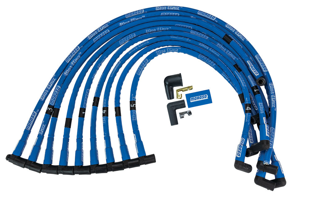 Spark Plug Wire Set - Blue Max - Spiral Core - 8 mm - Blue - 90 Degree Plug Boots - HEI Style Terminal - Over Valve Cover - Small Block Chevy - Kit
