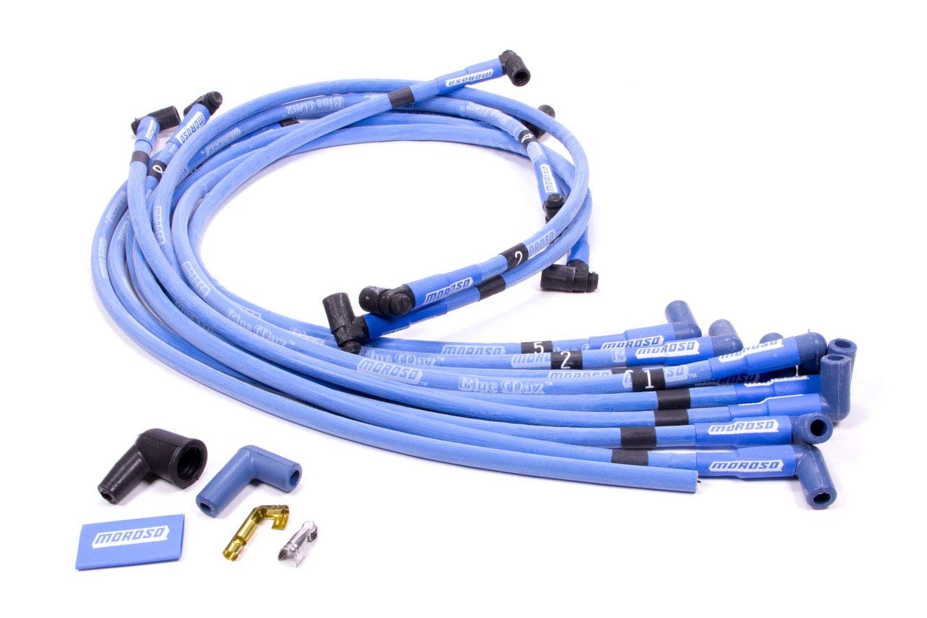 Spark Plug Wire Set - Blue Max - Spiral Core - 8 mm - Blue - 90 Degree Plug Boots - HEI Style Terminal - Under Headers - Small Block Chevy - Kit