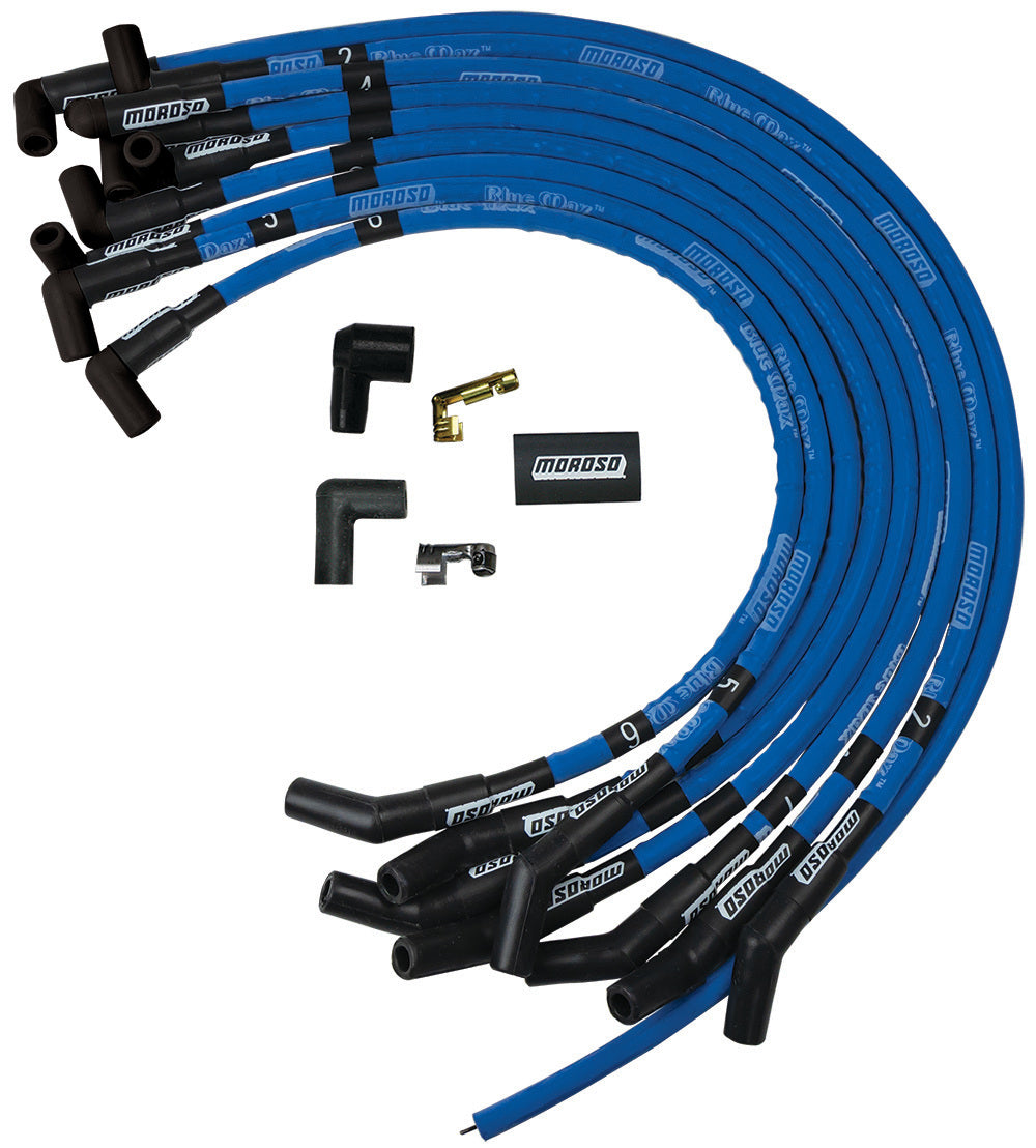 Spark Plug Wire Set - Blue Max - Spiral Core - 8 mm - Blue - 135 Degree Plug Boots - HEI Style Terminal - Over Valve Cover - Small Block Ford - Kit