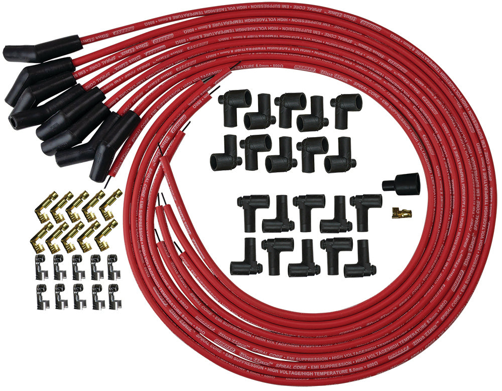 Spark Plug Wire Set - Blue Max - Spiral Core - 8 mm - Red - 135 Degree Plug Boots - HEI / Socket Style - Cut-To-Fit - V8 - Kit