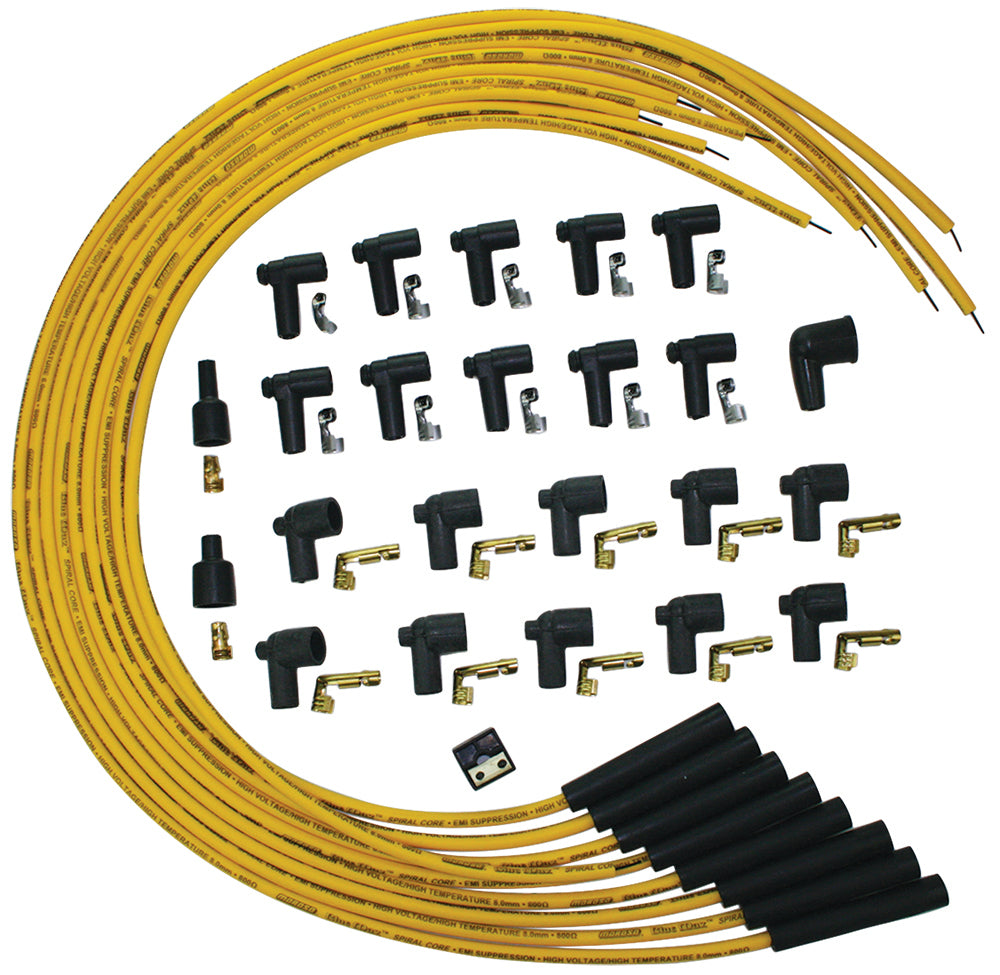 Spark Plug Wire Set - Blue Max - Spiral Core - 8 mm - Yellow - Straight Plug Boots - HEI / Socket Style - Cut-To-Fit - V8 - Kit