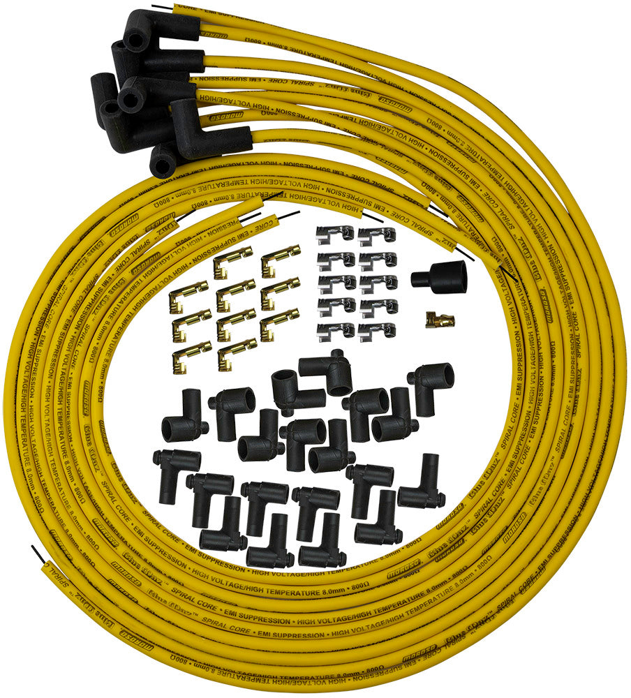 Spark Plug Wire Set - Blue Max - Spiral Core - 8 mm - Yellow - 90 Degree Plug Boots - HEI / Socket Style - Cut-To-Fit - V8 - Kit