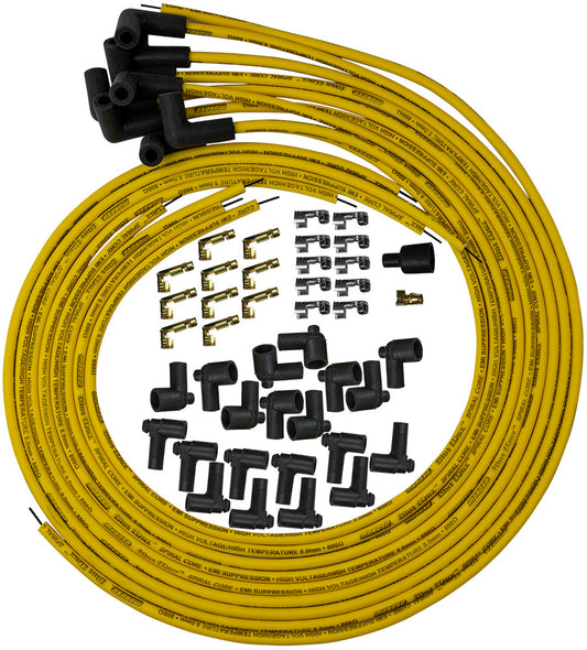Spark Plug Wire Set - Blue Max - Spiral Core - 8 mm - Yellow - 90 Degree Plug Boots - HEI / Socket Style - Cut-To-Fit - V8 - Kit