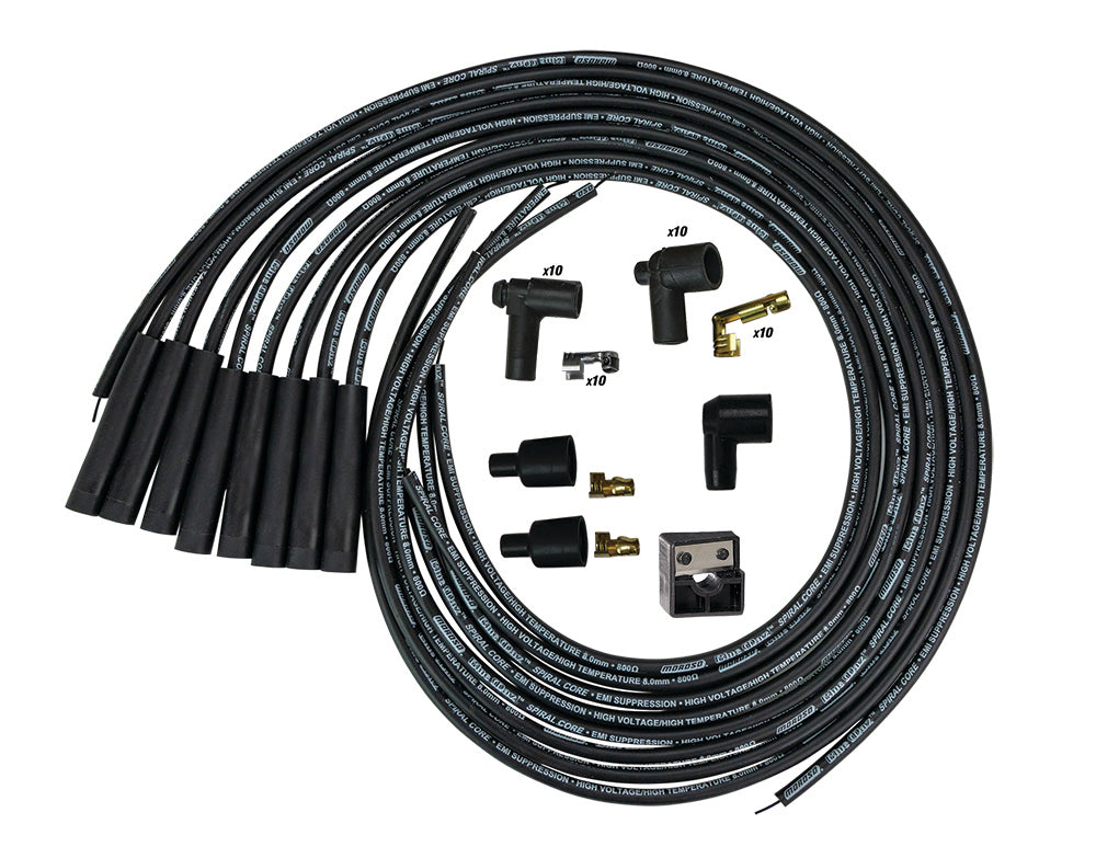 Spark Plug Wire Set - Blue Max - Spiral Core - 8 mm - Black - Straight Plug Boots - HEI / Socket Style - Cut-To-Fit - V8 - Kit