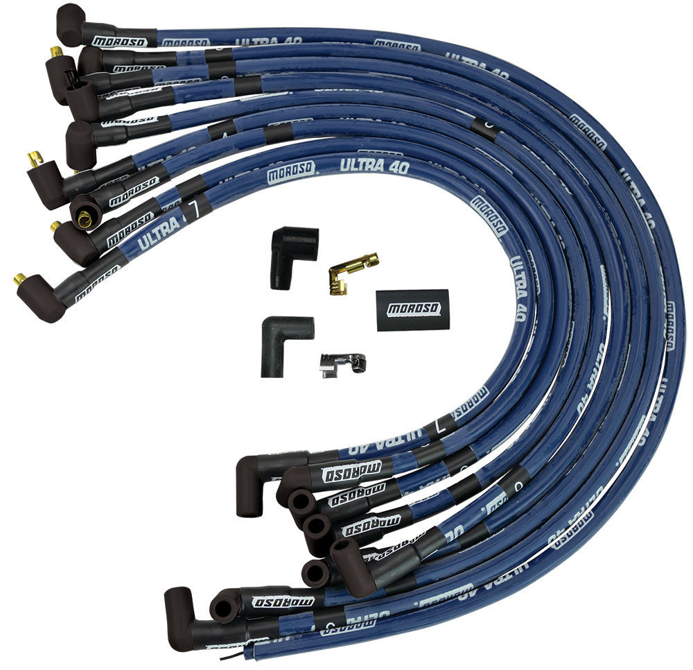 Spark Plug Wire Set - Ultra 40 - Spiral Core - 8.65 mm - Sleeved - Blue - 90 Degree Plug - Socket Style - Over Valve Cover - Small Block Chevy - Kit