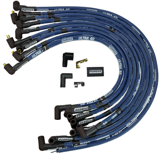Spark Plug Wire Set - Ultra 40 - Spiral Core - 8.65 mm - Sleeved - Blue - 90 Degree Plug - Socket Style - Over Valve Cover - Small Block Chevy - Kit