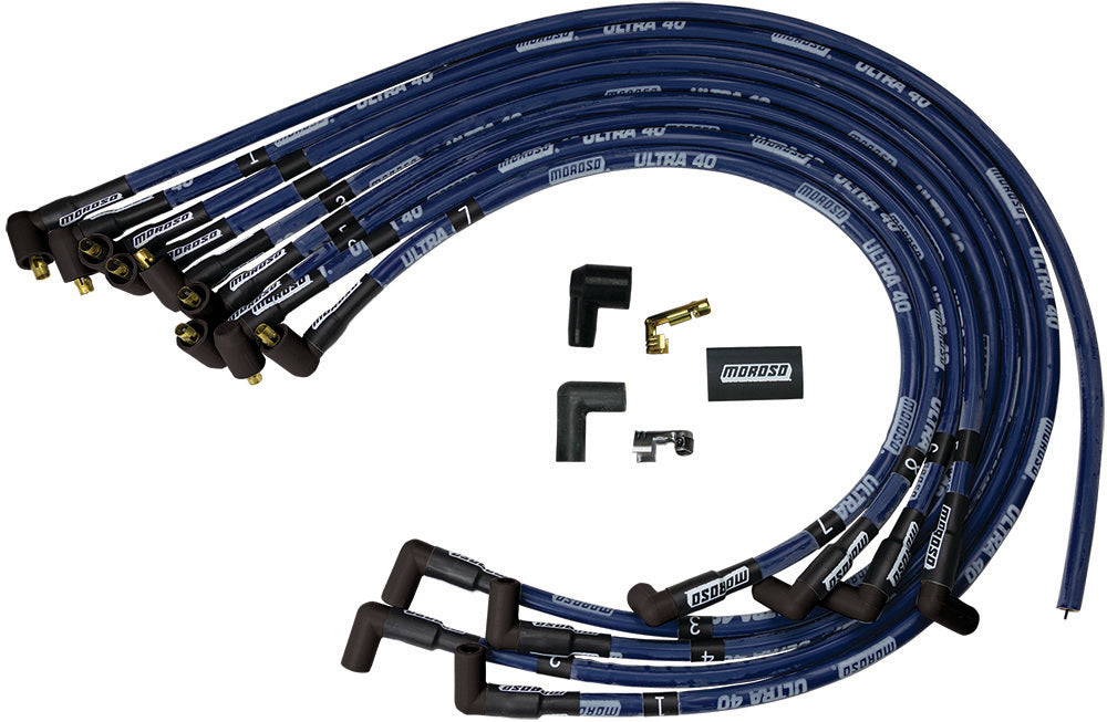 Spark Plug Wire Set - Ultra 40 - Spiral Core - 8.65 mm - Sleeved - Blue - 90 Degree Plug Boots - Socket Style - Under Header - Small Block Chevy - Kit