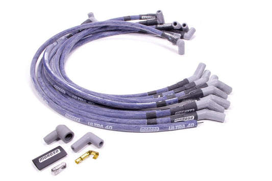 Spark Plug Wire Set - Ultra 40 - Spiral Core - 8.65 mm - Sleeved - Blue - 135 Degree Plug Boots - HEI Style Terminal - Small Block Ford - Kit