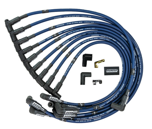 Spark Plug Wire Set - Ultra 40 - Spiral Core - 8.65 mm - Blue - 90 Degree Plug Boots - HEI Style Terminal - Over Valve Cover - Small Block Chevy - Kit
