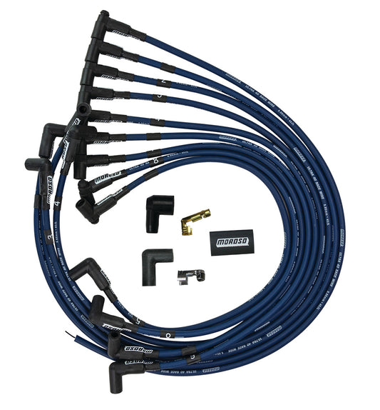 Spark Plug Wire Set - Ultra 40 - Spiral Core - 8.65 mm - Blue - 90 Degree Plug Boots - HEI Style Terminal - Under Headers - Small Block Chevy - Kit