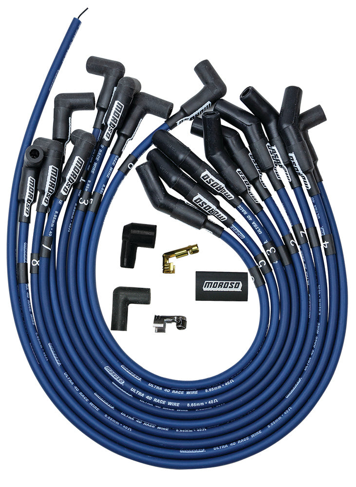 Spark Plug Wire Set - Ultra 40 - Spiral Core - 8.65 mm - Blue - 135 Degree Plug Boots - HEI Style Terminal - Cut-To-Fit - Small Block Ford - Kit
