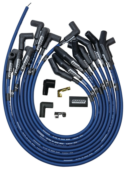 Spark Plug Wire Set - Ultra 40 - Spiral Core - 8.65 mm - Blue - 135 Degree Plug Boots - HEI Style Terminal - Cut-To-Fit - Small Block Ford - Kit