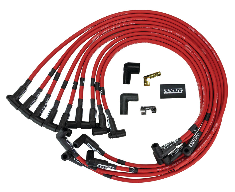 Spark Plug Wire Set - Ultra 40 - Spiral Core - 8.65 mm - Red - 90 Degree Plug Boots - HEI Style Terminal - Under Headers - Small Block Chevy - Kit