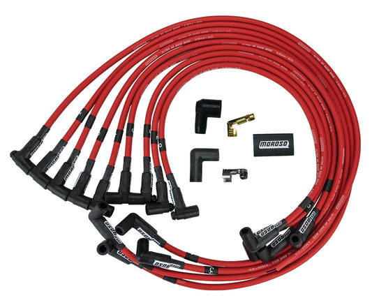 Spark Plug Wire Set - Ultra 40 - Spiral Core - 8.65 mm - Red - 90 Degree Plug Boots - HEI Style Terminal - Under Headers - Small Block Chevy - Kit
