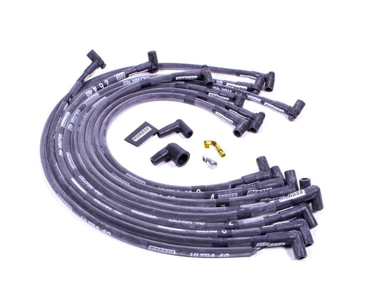 Spark Plug Wire Set - Ultra 40 - Spiral Core - 8.65 mm - Sleeved - Black - 90 Degree Plug - HEI Style Terminal - Over Valve Cover - Small Block Chevy - Kit