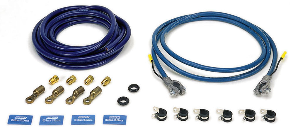 Battery Cable - 2 Gauge - 20 ft - 4 Terminals - 8 ft 2 Top Post Terminals - Clamps / Grommets / Shrink Sleeves Included - Copper - Blue - Kit