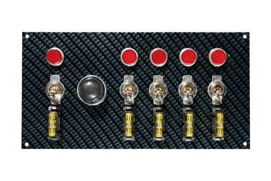 Switch Panel - Dash Mount - 7.75 x 4 in - 5 Toggles / 1 Momentary Button - Fused - Indicator Lights - Carbon Fiber Look - Kit