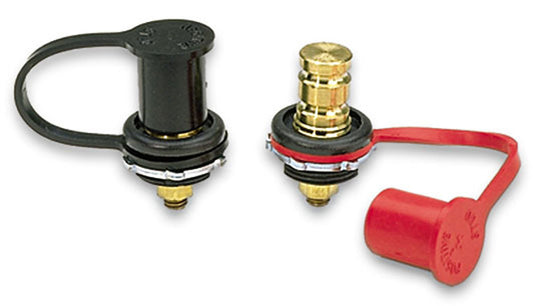 Remote Battery Terminal - 1.281 in Diameter Hole - 3/8-16 in Stud - 6V to 36V - Brass - Rubber Cap - Black / Red - Pair